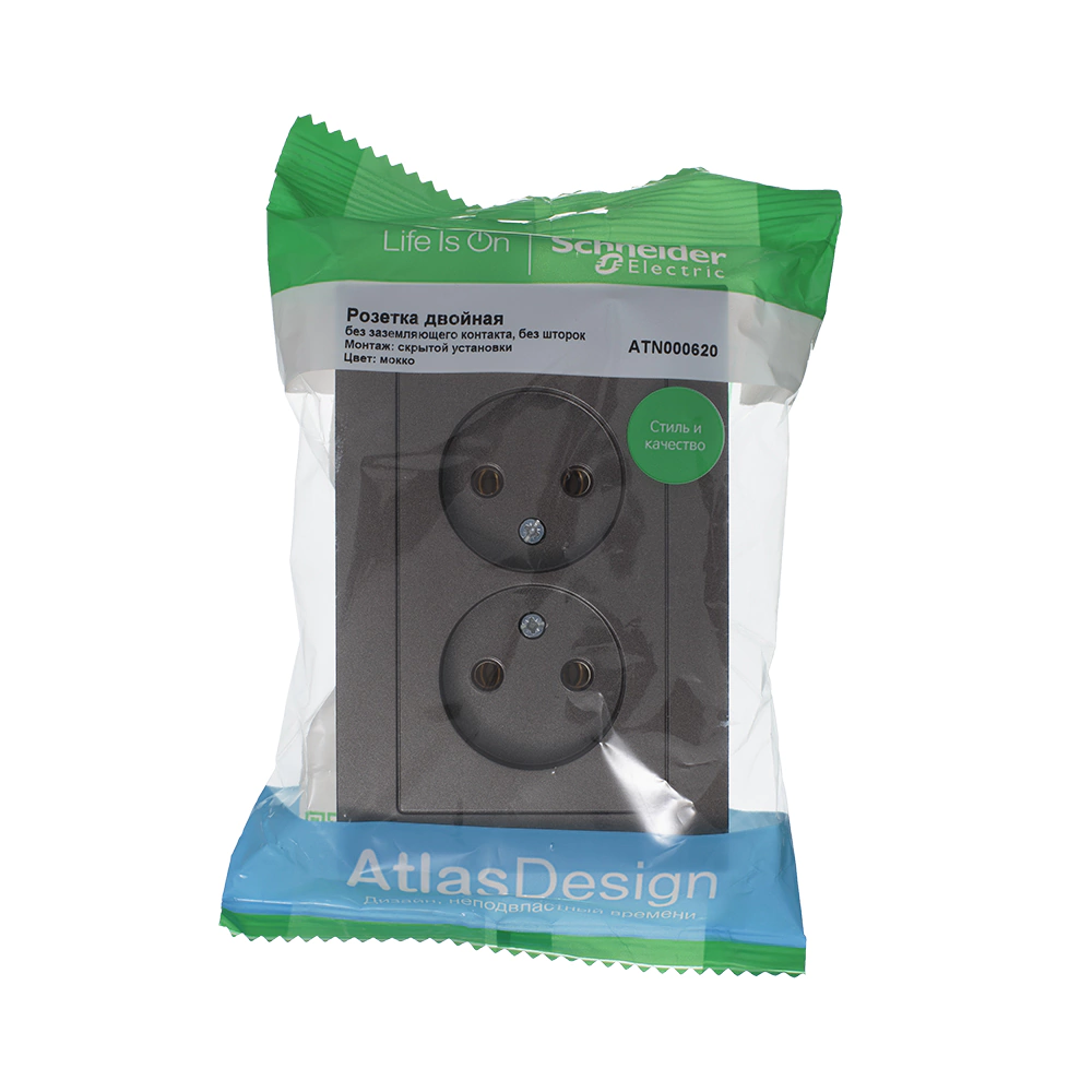 Розетка двойная SE Атлас Дизайн без заземления с рамкой мокко