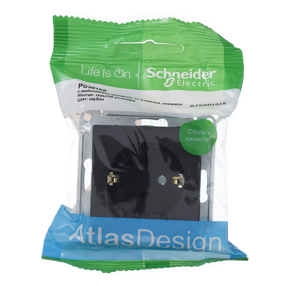 Розетка SE Атлас Дизайн с заземлением со шторками без рамки карбон