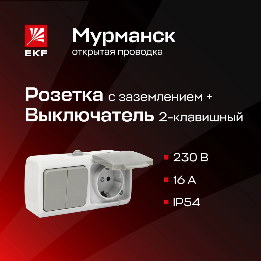 Розетка + двойной выключатель EKF Мурманск с заземлением серая