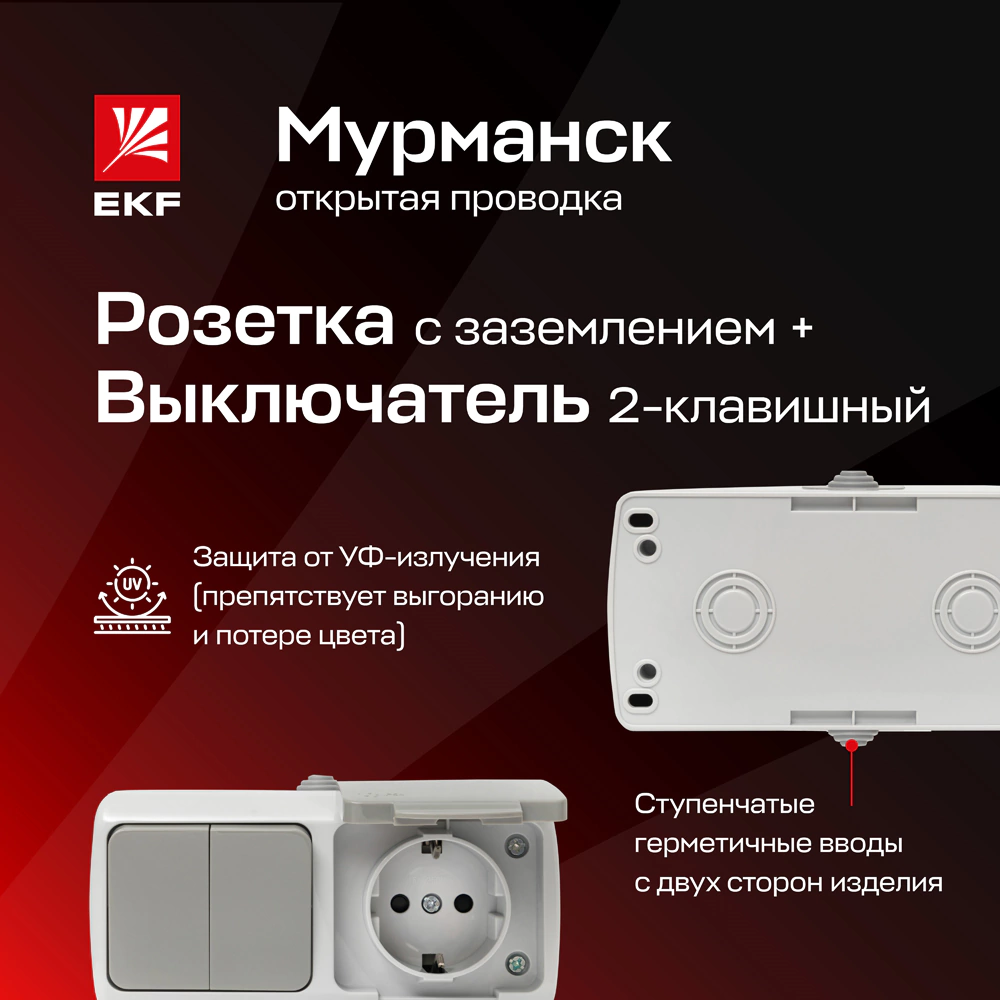 Розетка + двойной выключатель EKF Мурманск с заземлением серая