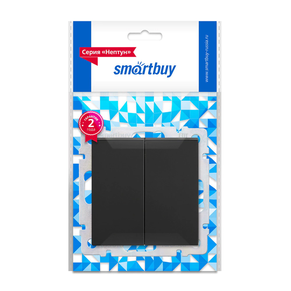 Выключатель проходной двухклавишный Smartbuy Нептун без рамки черный