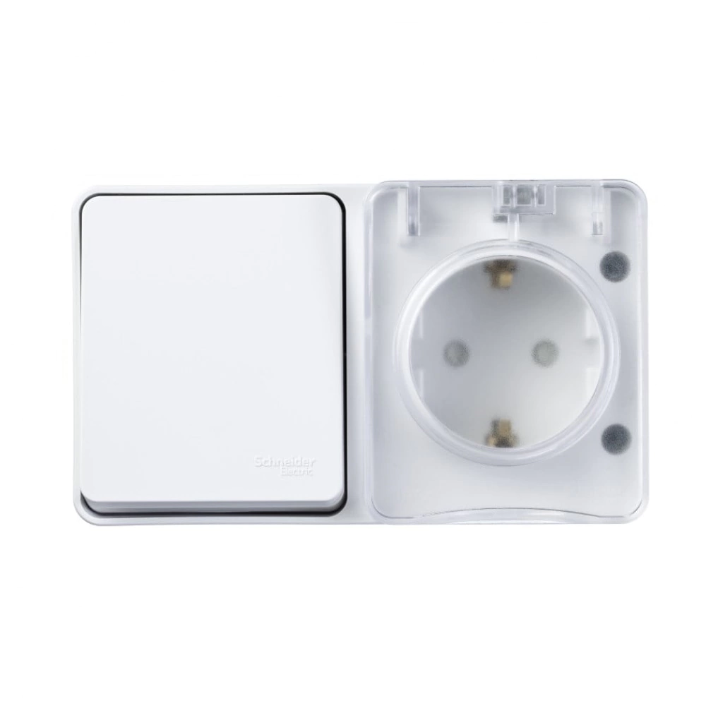 Розетка с заземлением + выключатель Systeme Electric Атлас Профи IP54 белый