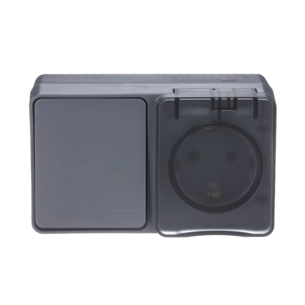 Розетка с заземлением + выключатель Systeme Electric Атлас Профи IP54 антрацит