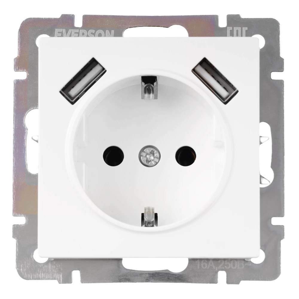 Розетка +2USB ONVOLT/EVERSON Кватро с заземлением без рамки белая