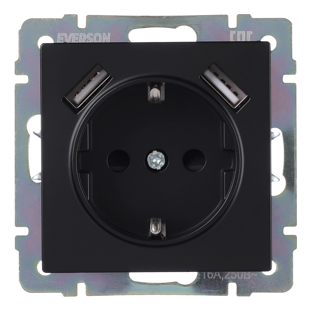 Розетка +2USB ONVOLT/EVERSON Кватро с заземлением без рамки черная
