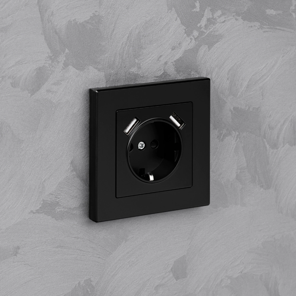 Розетка +2USB ONVOLT/EVERSON Кватро с заземлением без рамки черная