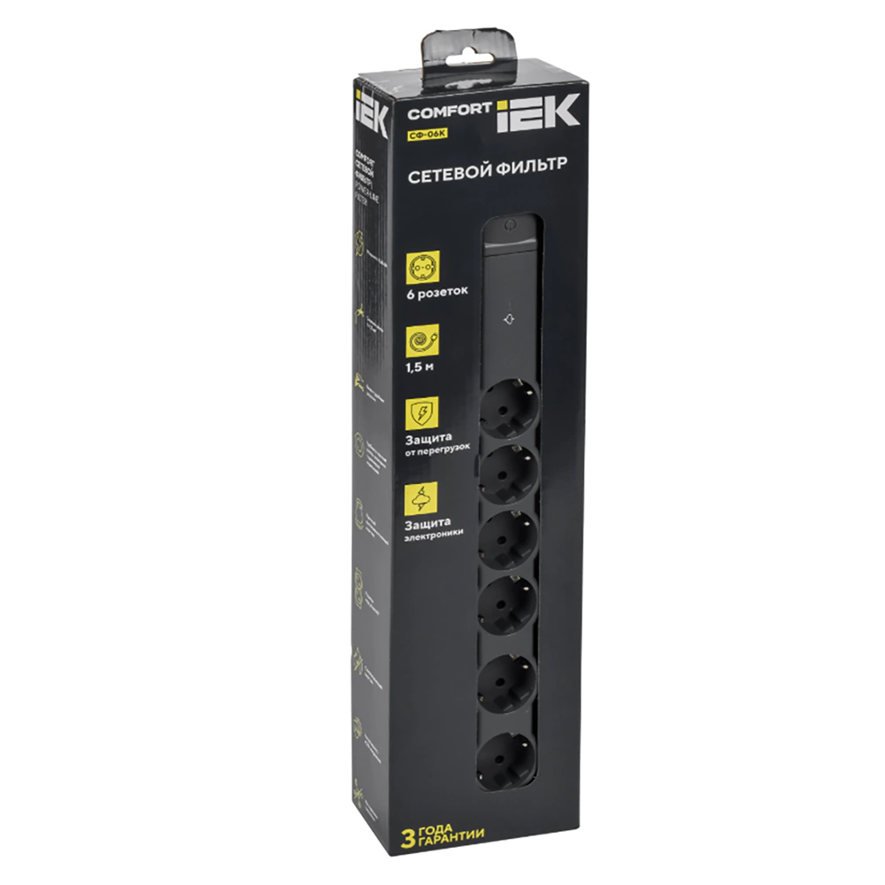 Фильтр сетевой 1,5 м 6 гнезда 3х1,5 мм 3600 Вт черный IEK COMFORT