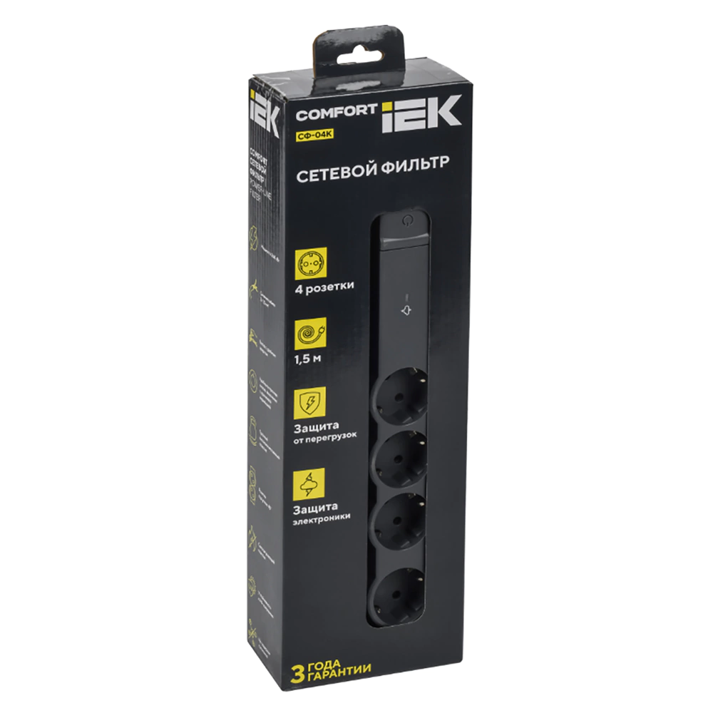 Фильтр сетевой 1,5 м 4гнезда 3х1,5 мм 3600 Вт черный IEK COMFORT
