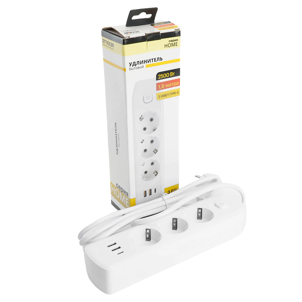 Удлинитель 1,8 м 3 гнезда с заземлением 2500 Вт + 2USB-A + USB-C 12 Вт STEKKER