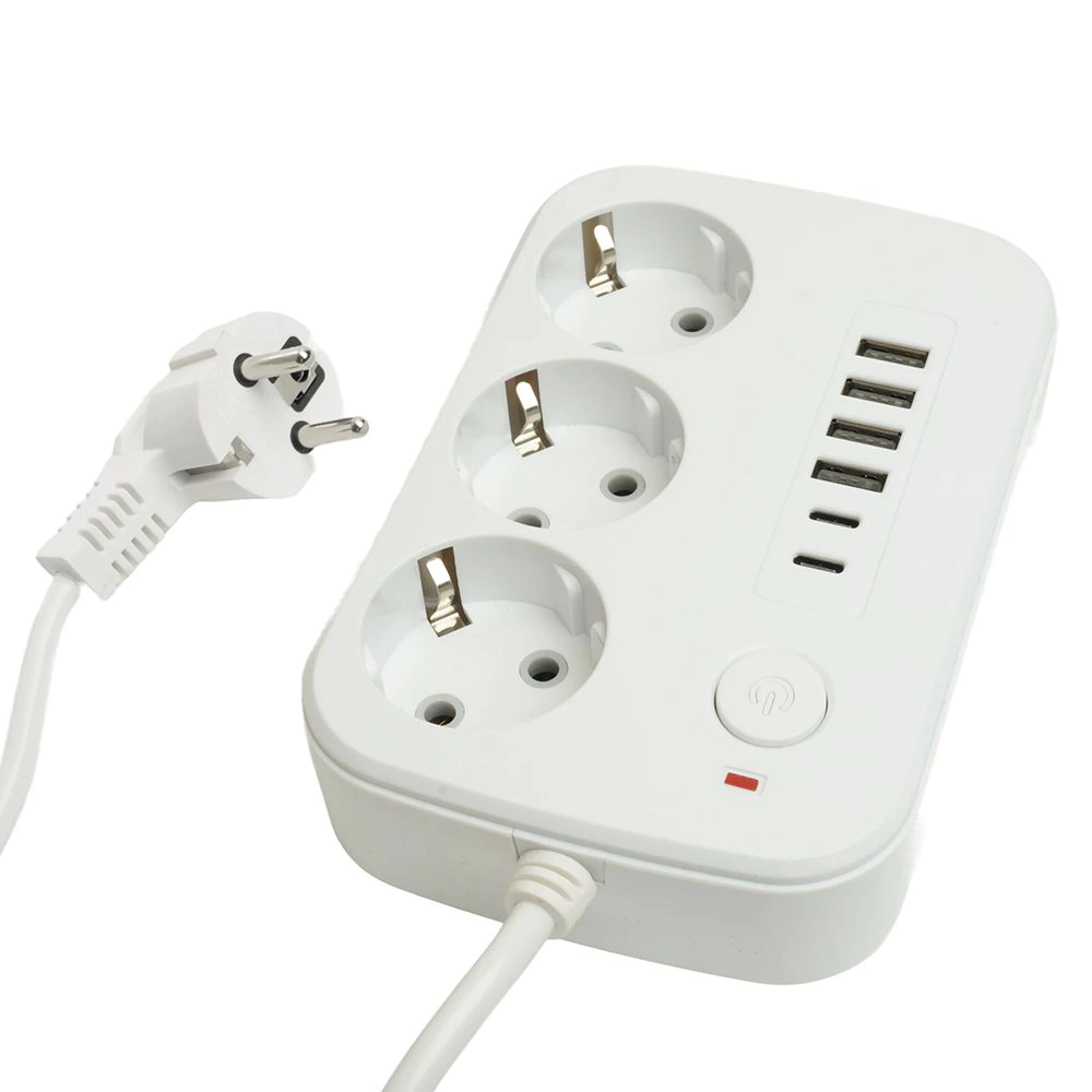 Удлинитель 1,8 м 3 гнезда с заземлением 2500 Вт + 4USB-A + 2USB-C 12 Вт STEKKER