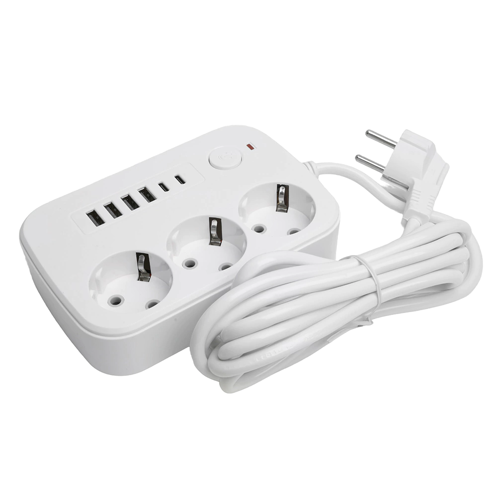 Удлинитель 3 м 3 гнезда с заземлением 2500 Вт + 4USB-A + 2USB-C 12 Вт STEKKER