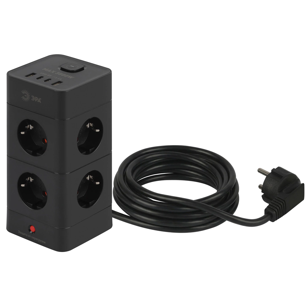 Фильтр сетевой башня 1,5 м 8 гнезд + 4USB-A+C черный ЭРА