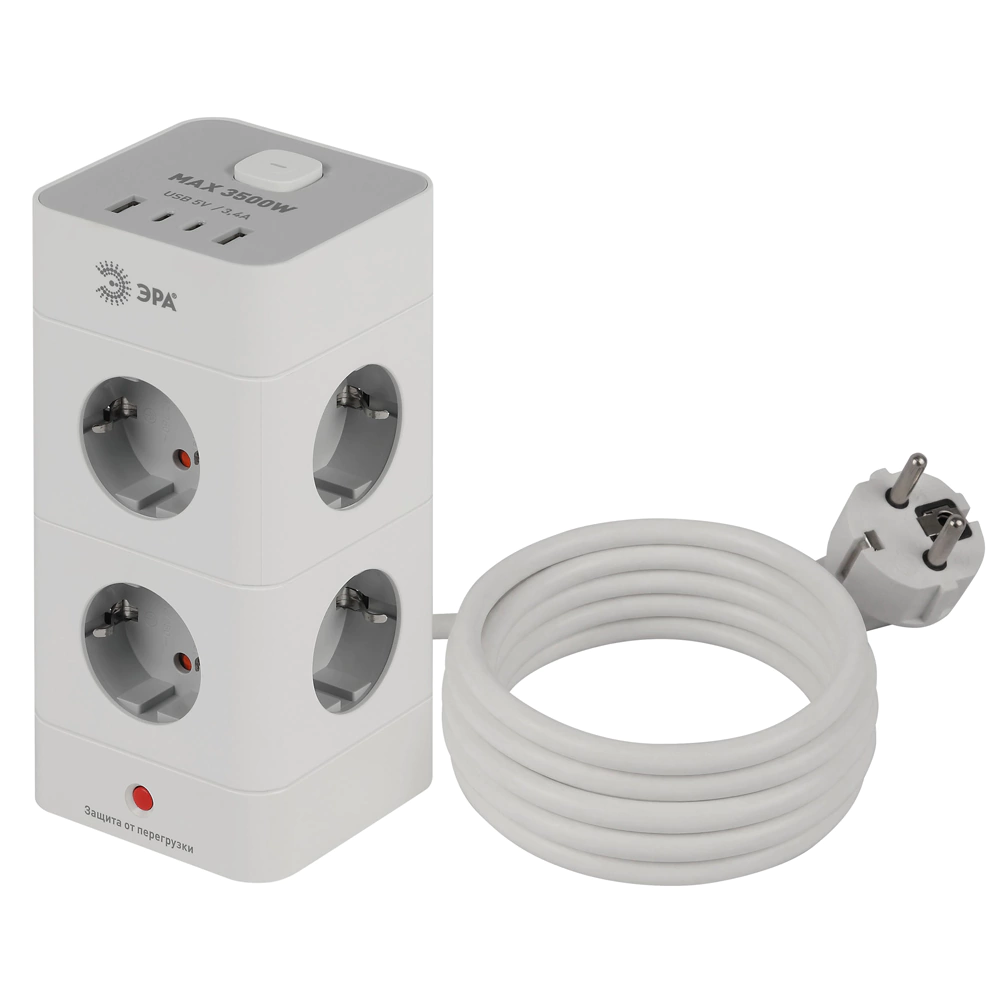 Фильтр сетевой башня 1,5 м 8 гнезд + 4USB-A+C белый ЭРА