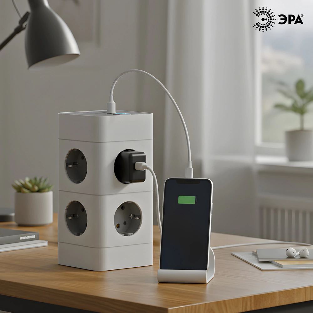 Фильтр сетевой башня 1,5 м 8 гнезд + 4USB-A+C белый ЭРА