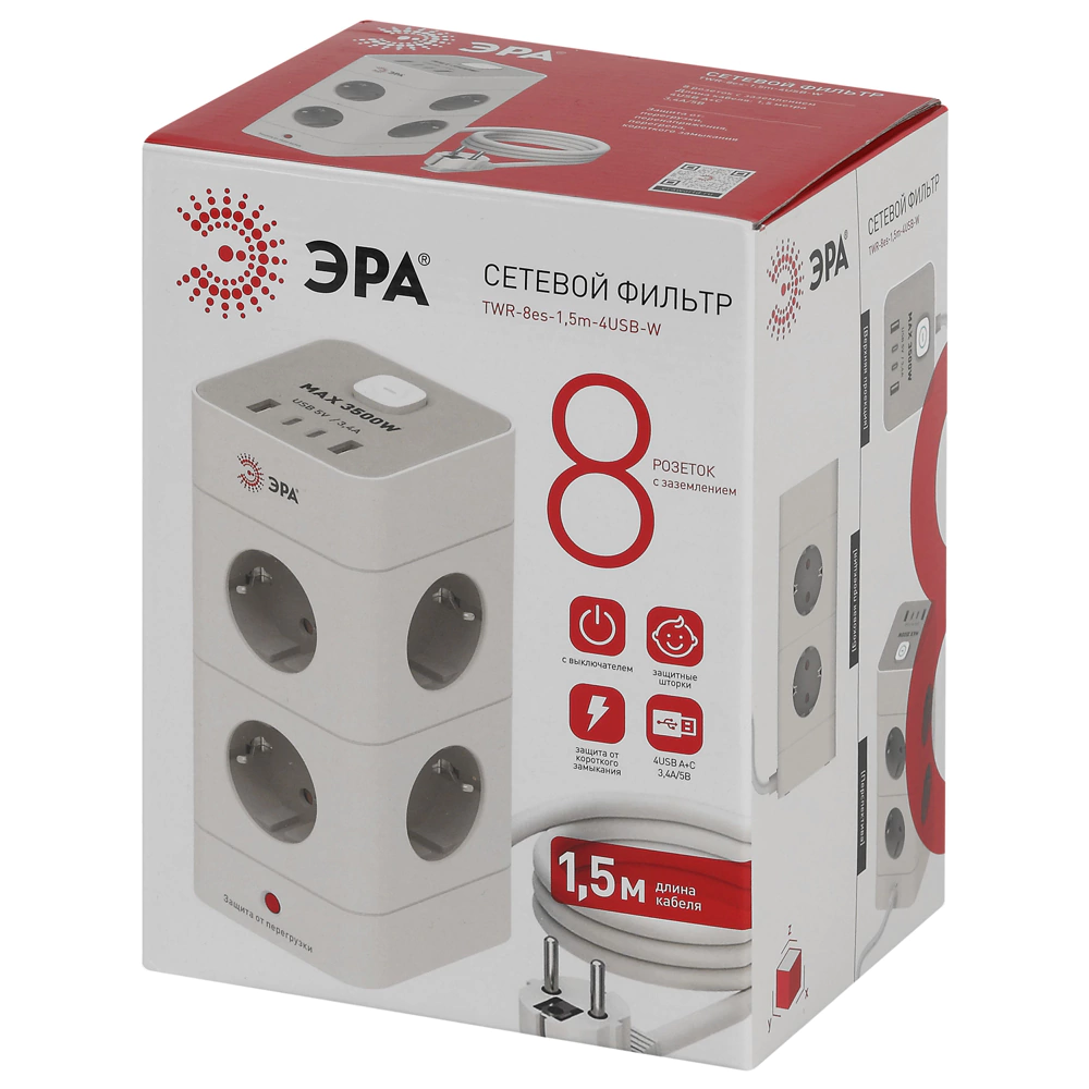 Фильтр сетевой башня 1,5 м 8 гнезд + 4USB-A+C белый ЭРА