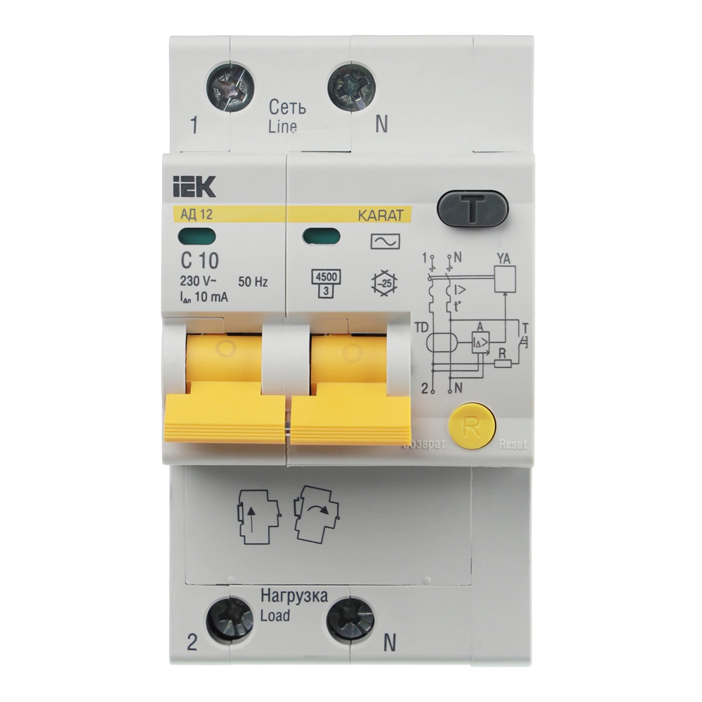 Выключатель автоматический дифференциальный IEK АД12 2п 10 А 10 мА