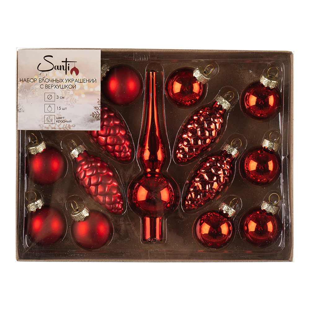 Набор елочных украшений с верхушкой Santi стекло d3 см 15 шт красный