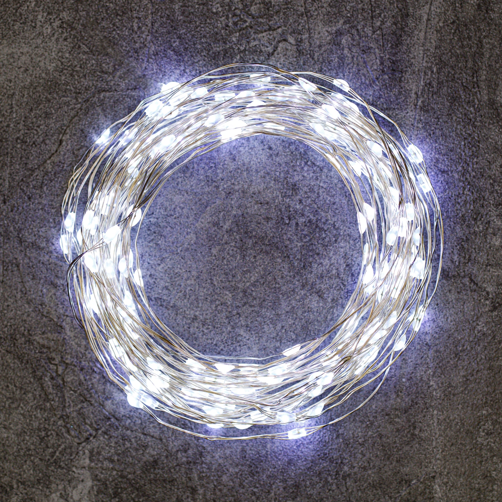 Гирлянда Роса micro-LED 400LED 20 м холодный белый свет, серебряный провод IP20 ПВХ, 8 функций Santi