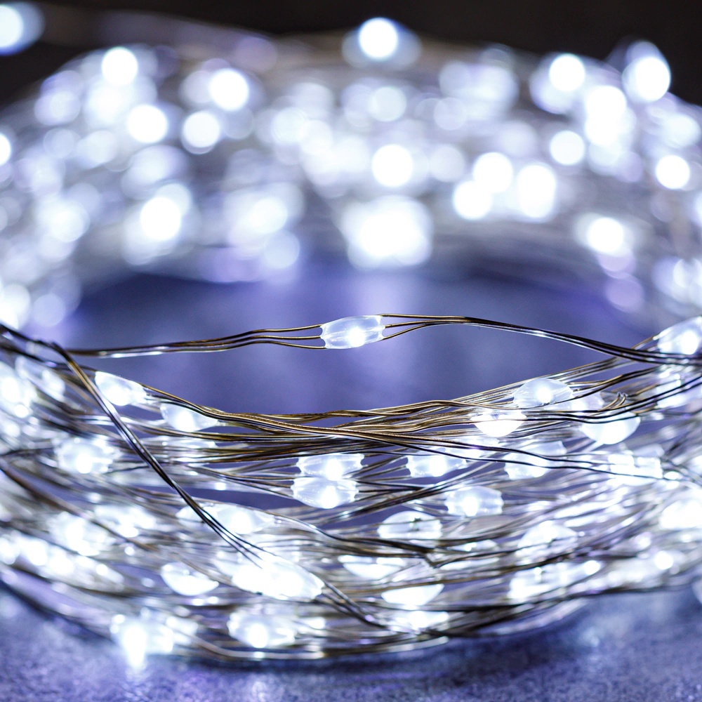 Гирлянда Роса micro-LED 400LED 20 м холодный белый свет, серебряный провод IP20 ПВХ, 8 функций Santi