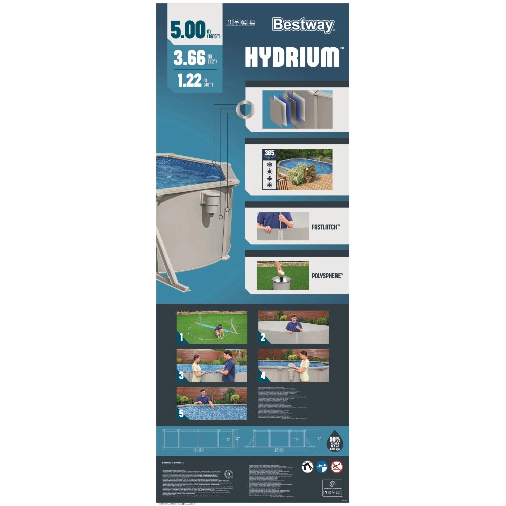 Каркасный стальной бассейн Bestway Hydrium 500х366х122 см, 16296 л, песочный фильтр, лестница, тент, подложка, дозатор