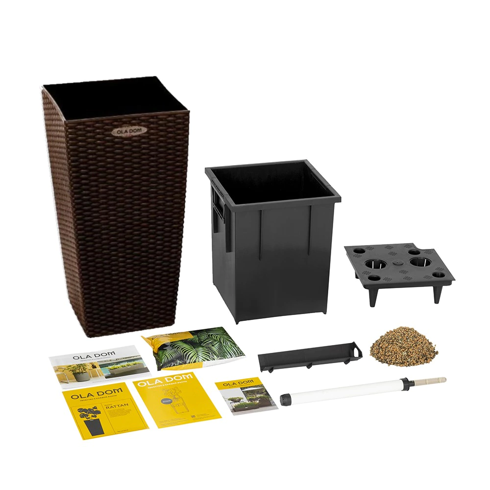 Уличный горшок пластиковый RATTAN OLA DOM коричневый 29х29х56 см 34 л со вставкой 14 л