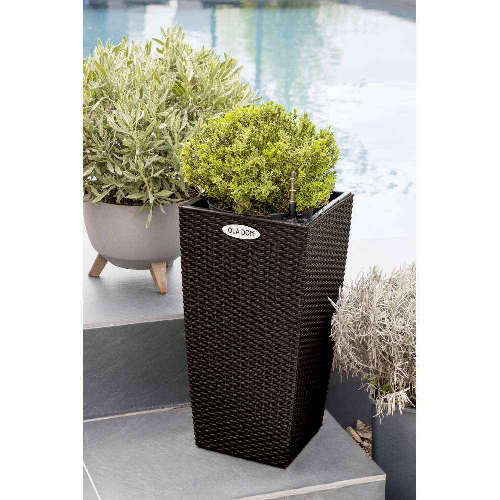 Уличный горшок пластиковый RATTAN OLA DOM коричневый 29х29х56 см 34 л со вставкой 14 л
