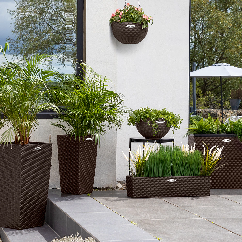 Уличный горшок пластиковый RATTAN OLA DOM коричневый 29х29х56 см 34 л со вставкой 14 л