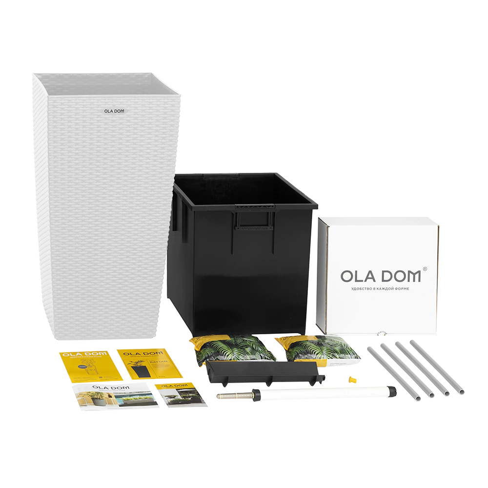 Уличный горшок пластиковый RATTAN OLA DOM белый 40х40х75 см 90 л со вставкой 31 л