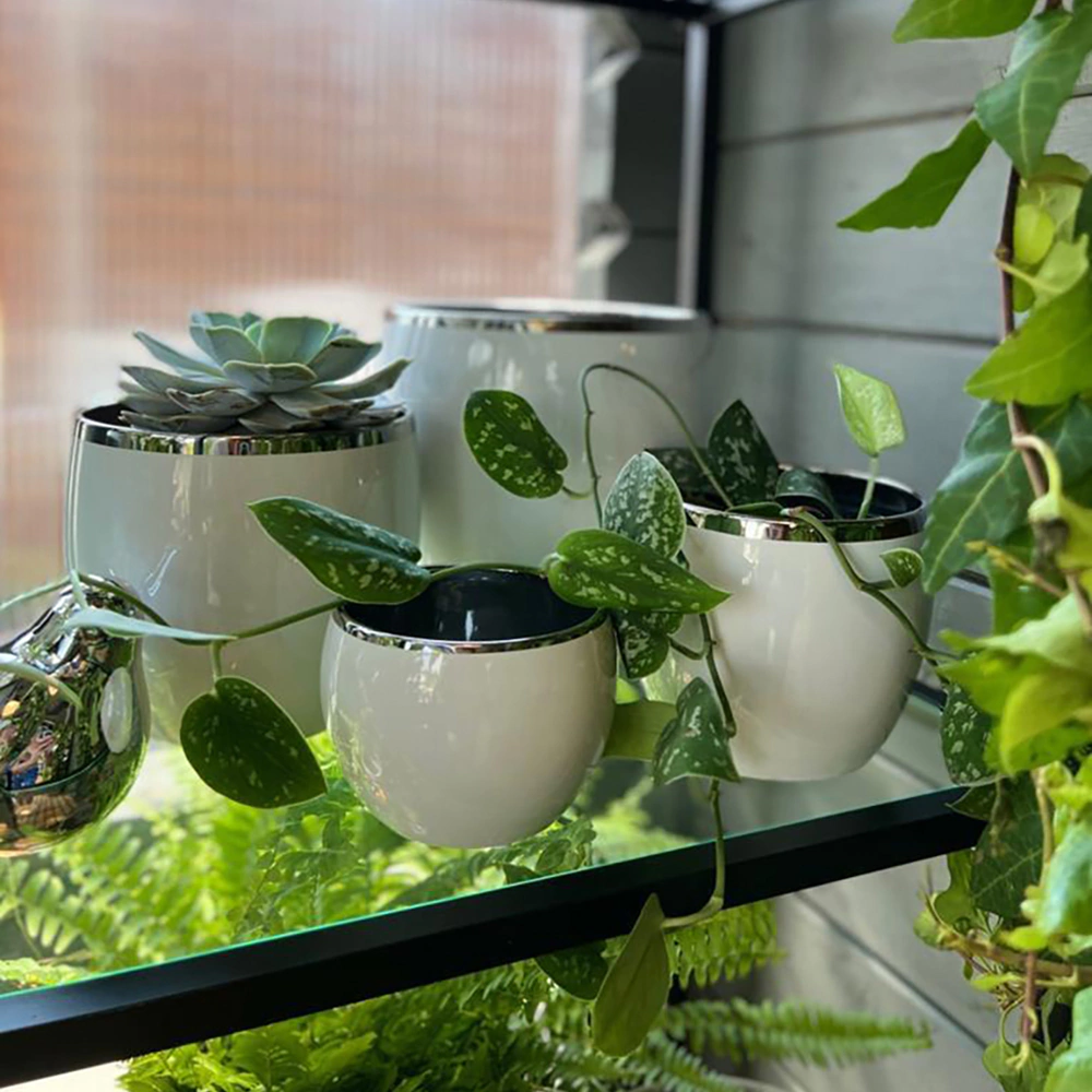 Кашпо керамическое Moon белое с серебром d11 см h9 см 0,7 л