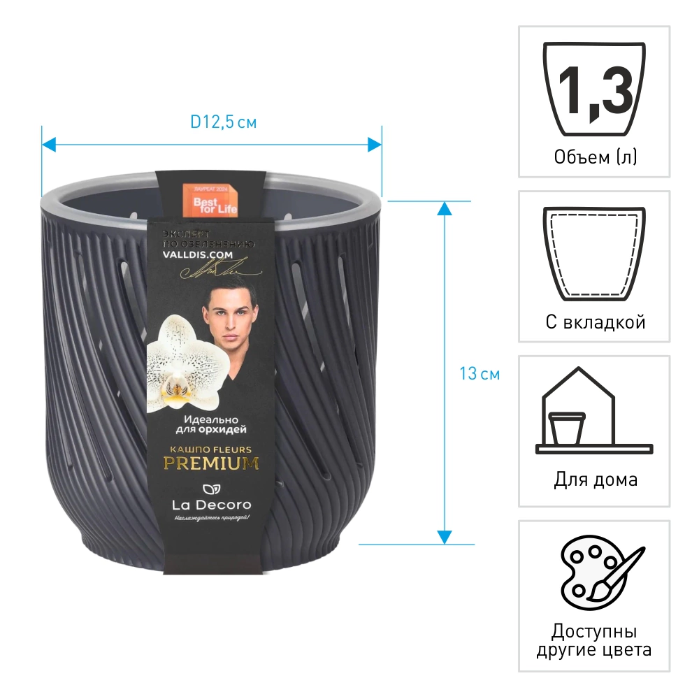 Кашпо пластиковое d12,5 см h13 см 1,3 л антрацит Fleurs