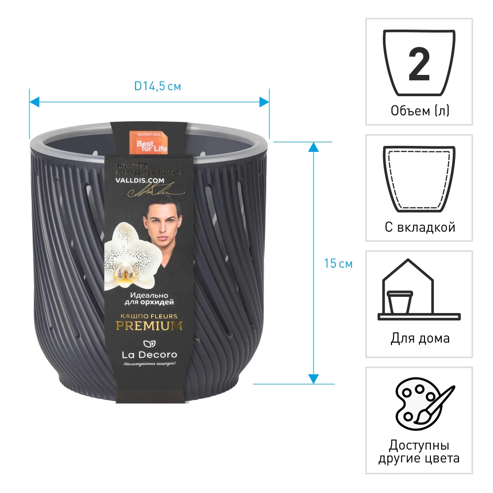 Кашпо пластиковое d14,5 см h15 см 2 л антрацит Fleurs