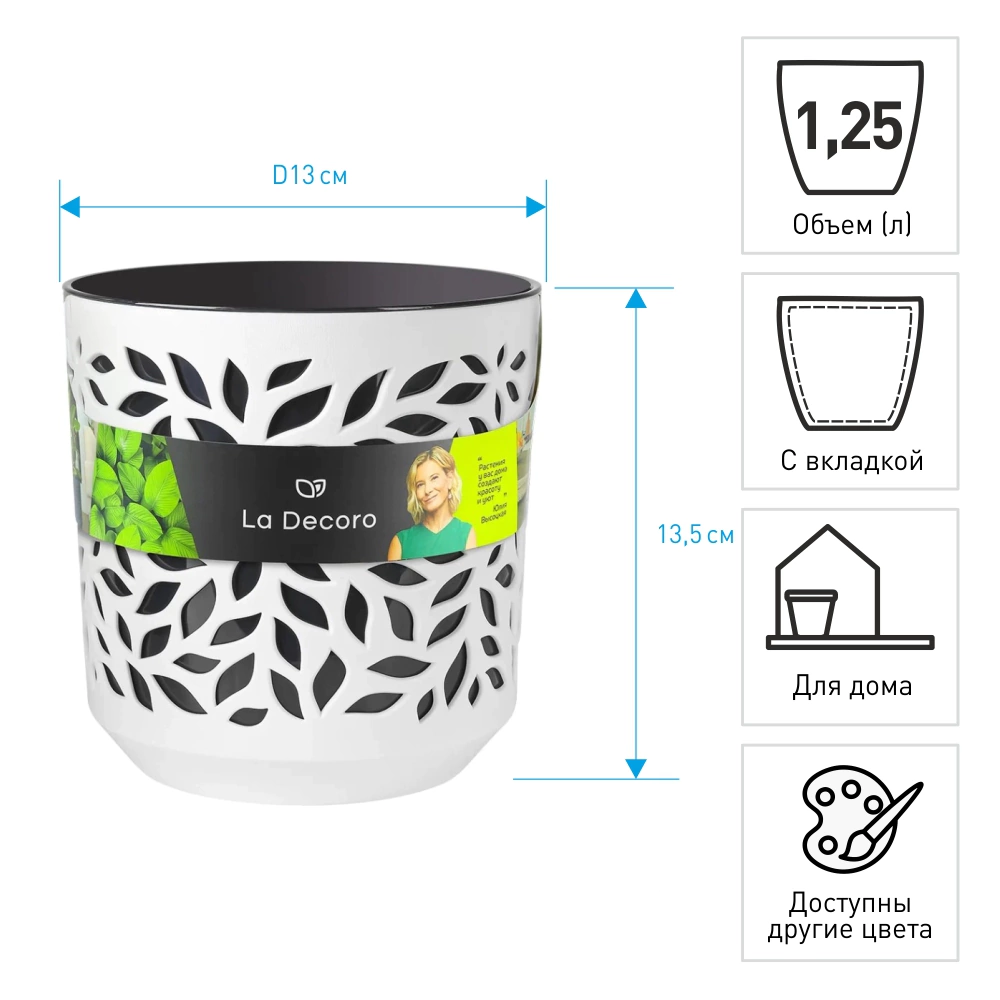 Кашпо пластиковое d13 см h13,5 см 1,25 л белый/антрацит Leaves