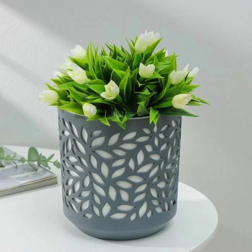 Кашпо пластиковое d24 см h25 см 8 л серый/белый Leaves