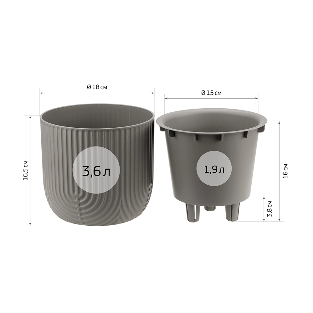 Кашпо пластиковое РАМОНА d18 см h16,5 см 1,9 л серый