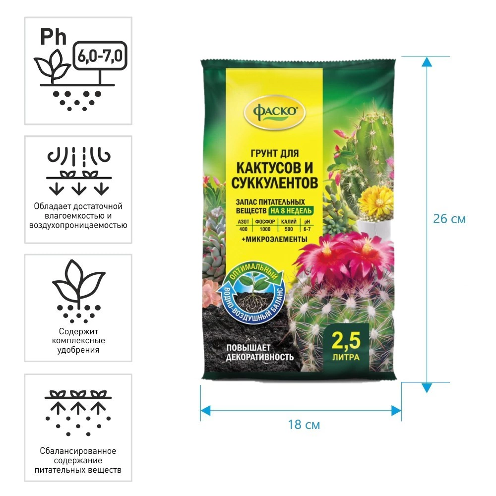 Грунт для кактусов 2,5 л Цветочное счастье ФАСКО