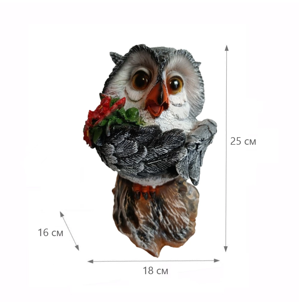 Садовая фигура Сова мультяшня на пне с букетом 25х18х16 см