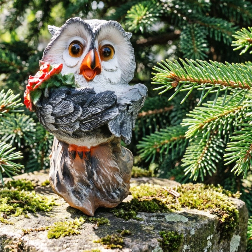 Садовая фигура Сова мультяшня на пне с букетом 25х18х16 см