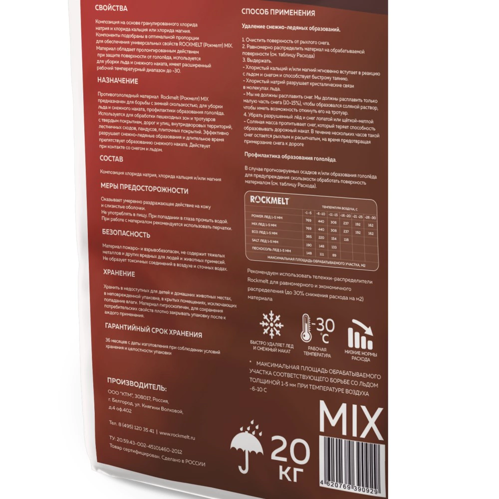 Противогололедный реагент до -30°C 20 кг Rockmelt mix
