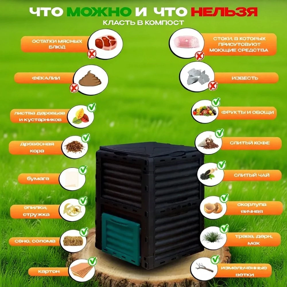 Компостер садовый на 300 л 61х61х83 см с крышкой черный