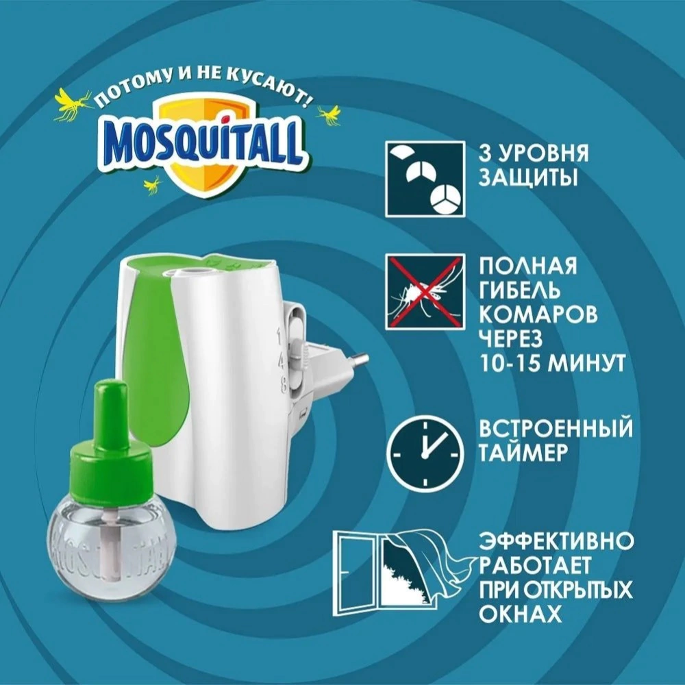Комплект прибор универсальный и жидкость от комаров 30 ночей без запаха MOSQUITALL
