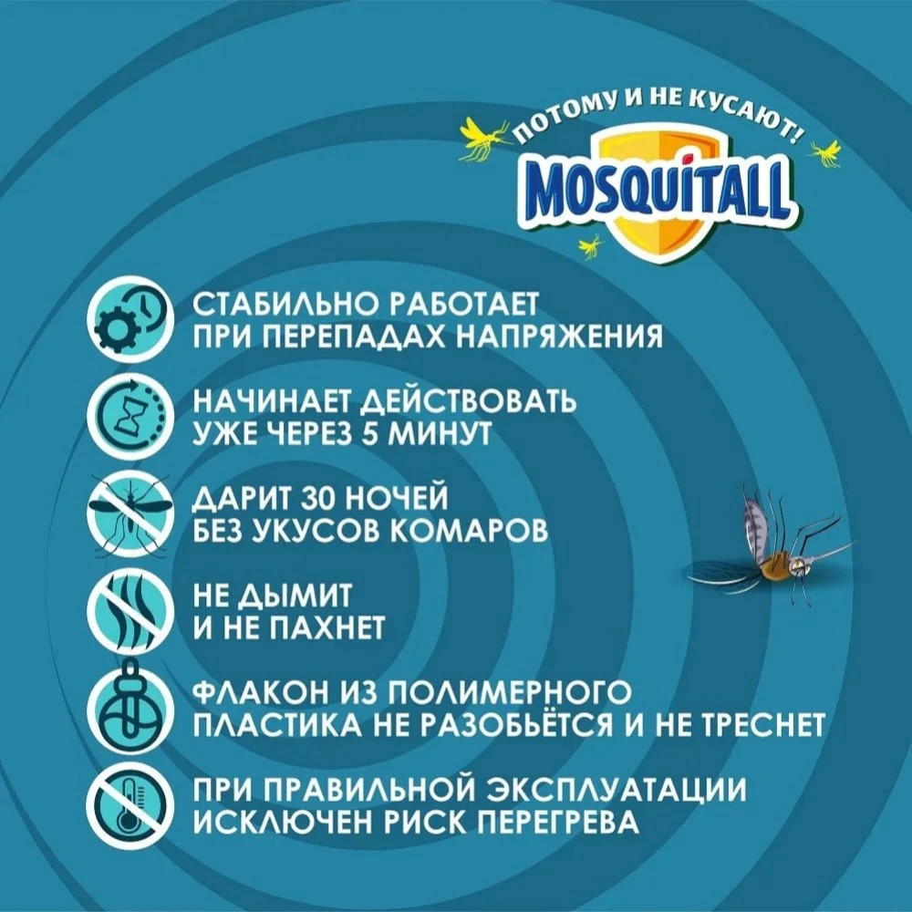 Комплект прибор универсальный и жидкость от комаров 30 ночей без запаха MOSQUITALL
