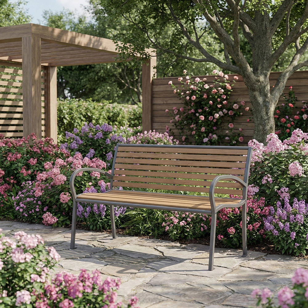 Скамейка садовая 126х60х80 см сталь/поливуд с подлокотниками светлая VERANA