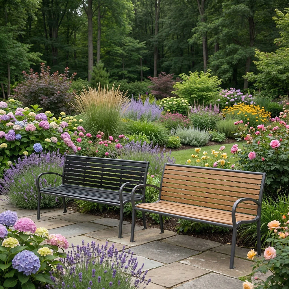 Скамейка садовая 126х60х80 см сталь/поливуд с подлокотниками светлая VERANA