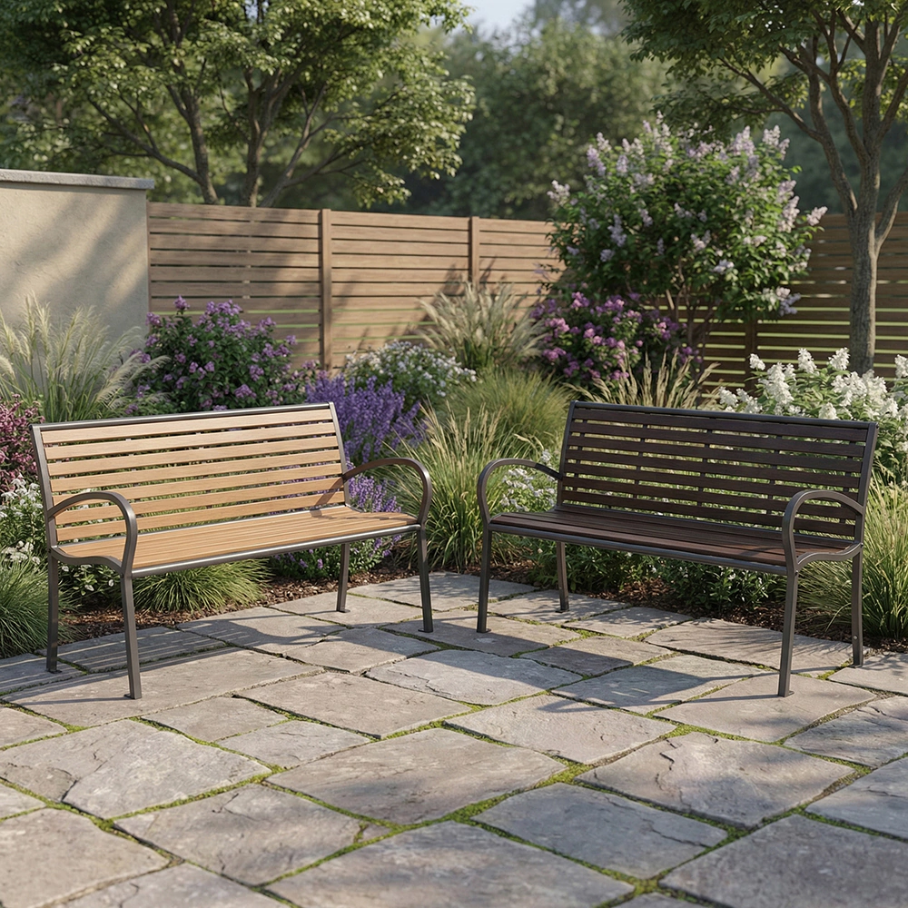 Скамейка садовая 126х60х80 см сталь/поливуд с подлокотниками светлая VERANA